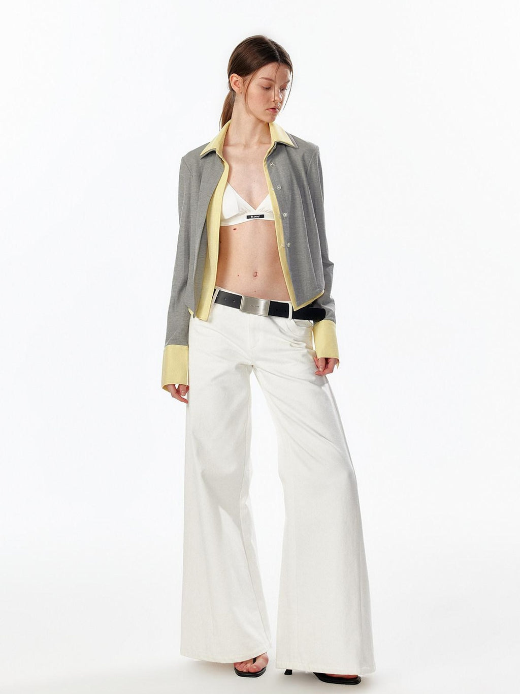 ALINNVSTUDIO Colorblock Faux Layered Slim Waist Cropped Cardigan Longsleeve Womens Shirts