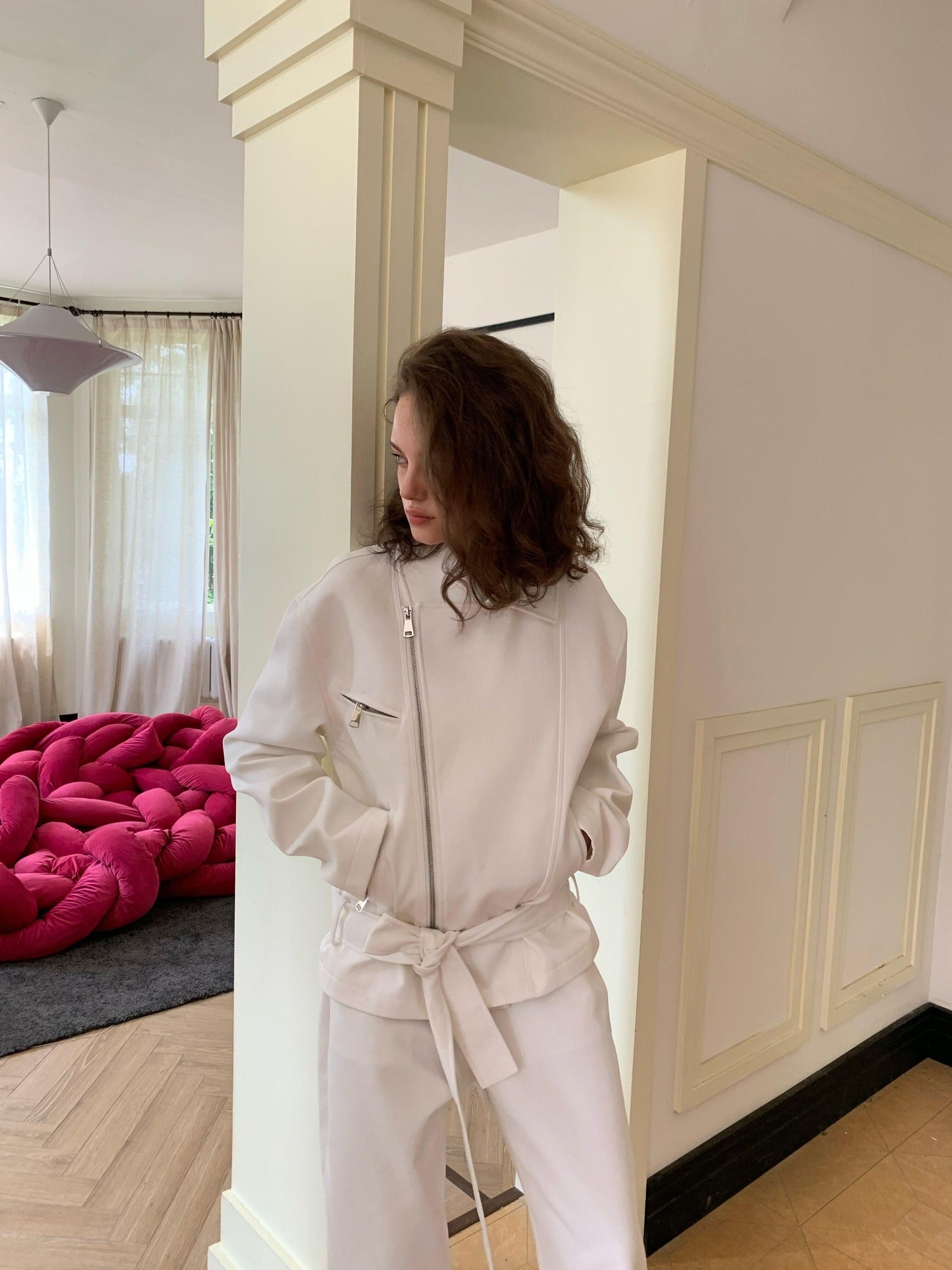 BUZHOU 100% Cotton Lapel Edgy Biker Short Women White Jacket Cropped Jackets