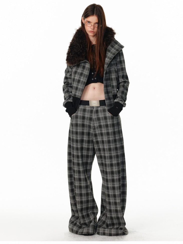 ALINNVSTUDIO Plaid Low Rise Loose American Style Zipper Front Women Wide Leg Pants