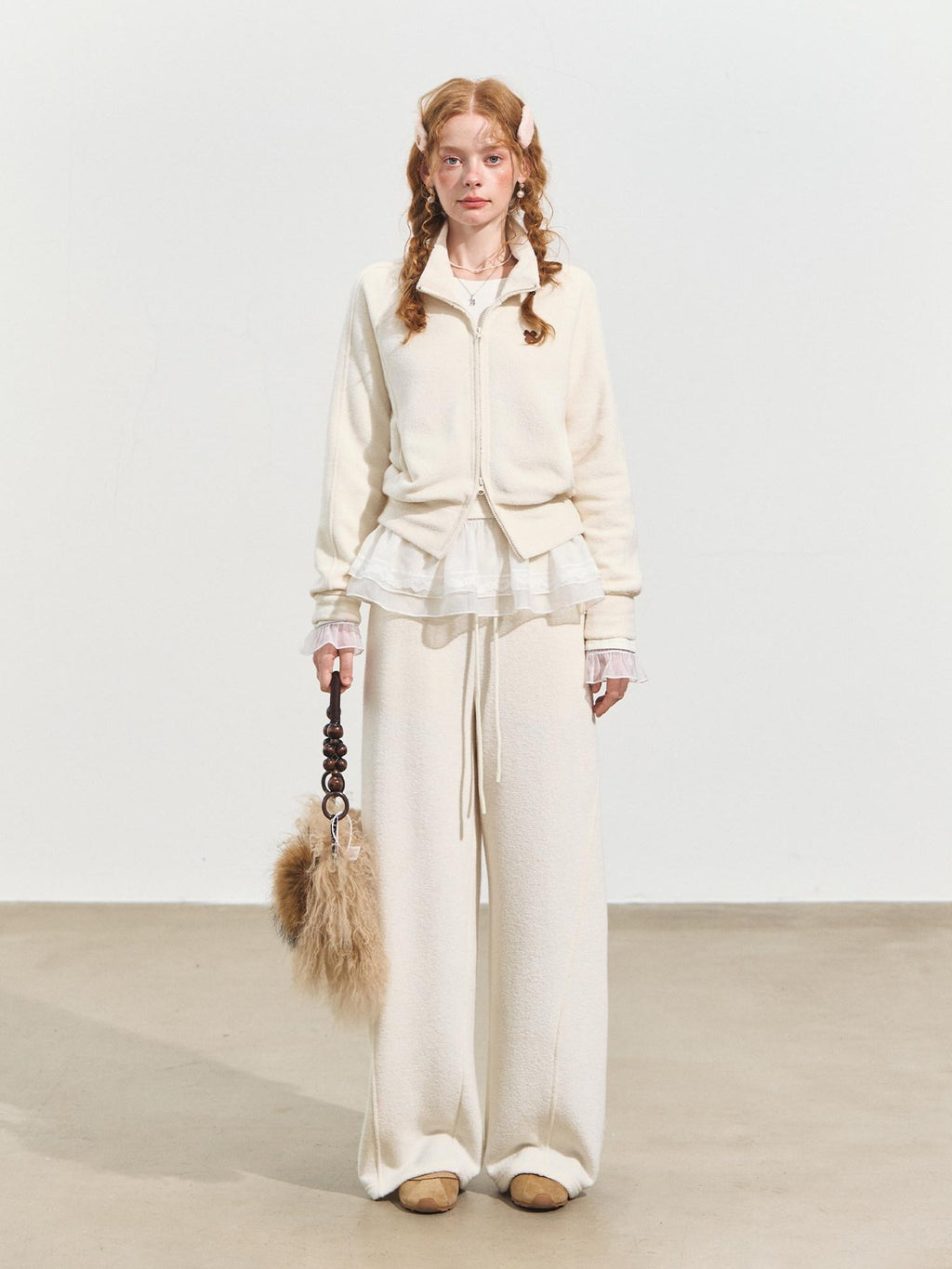 SOMESOWE Cropped Stand Collar Sweatshirt Loose Sexy Women Cream Pants Top & Pants Sets