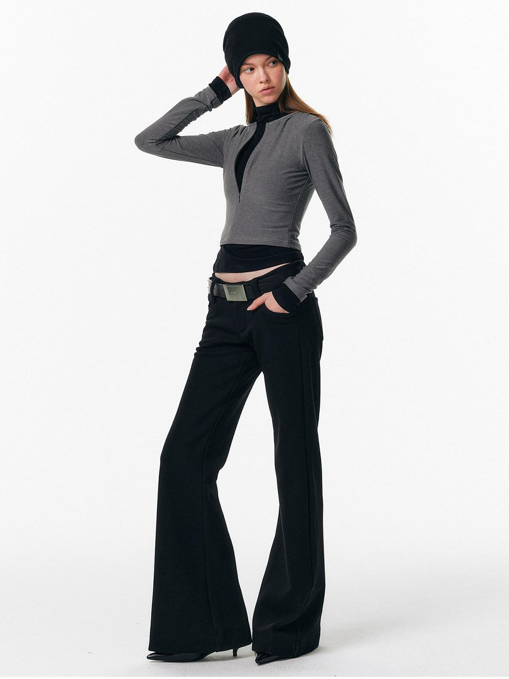 ALINNVSTUDIO Soft Zipper Slim Fit Short Collar Office Ladies Contrast Long Sleeve T-Shirts