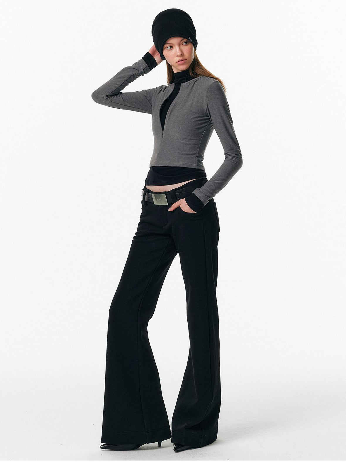 ALINNVSTUDIO Soft Zipper Slim Fit Short Collar Office Ladies Contrast Long Sleeve T-Shirts