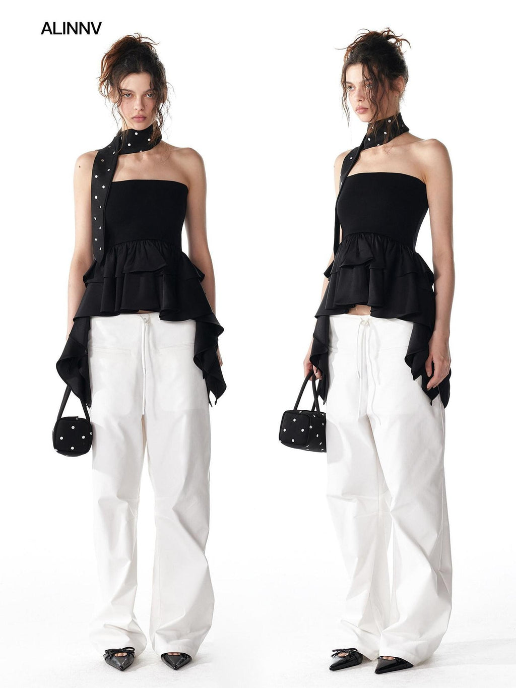 ALINNVSTUDIO Minimalist 100 Percent Polyester Low Waist Zip Fly Loose Wide Leg Pants