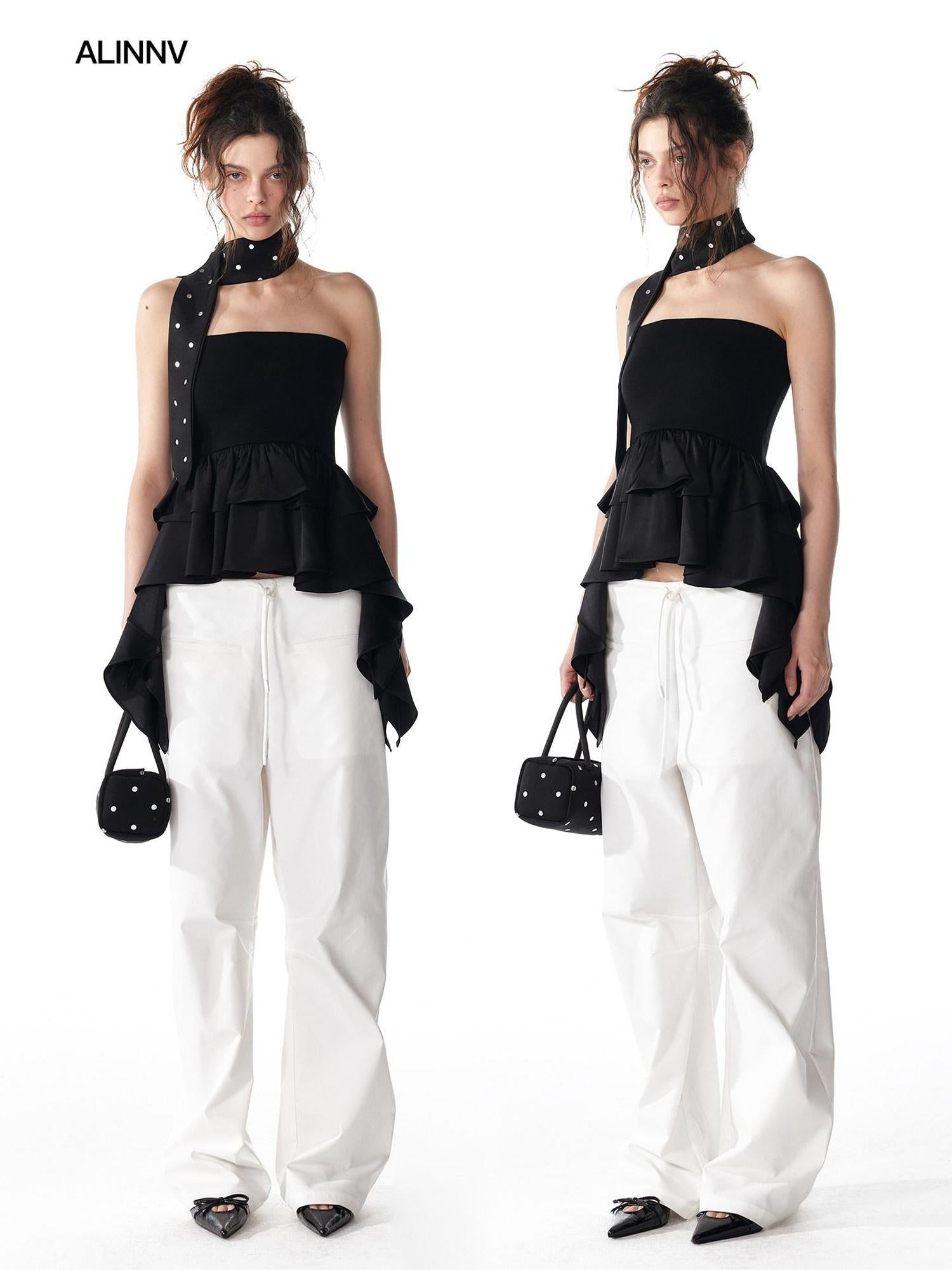 ALINNVSTUDIO Minimalist 100 Percent Polyester Low Waist Zip Fly Loose Wide Leg Pants