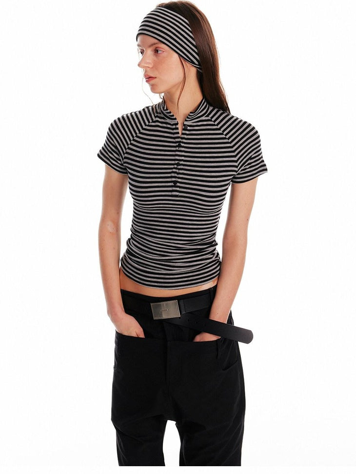 ALINNVSTUDIO Creative Patchwork Slim Fit Cropped Crewneck Striped Gray Short Sleeve T-Shirts