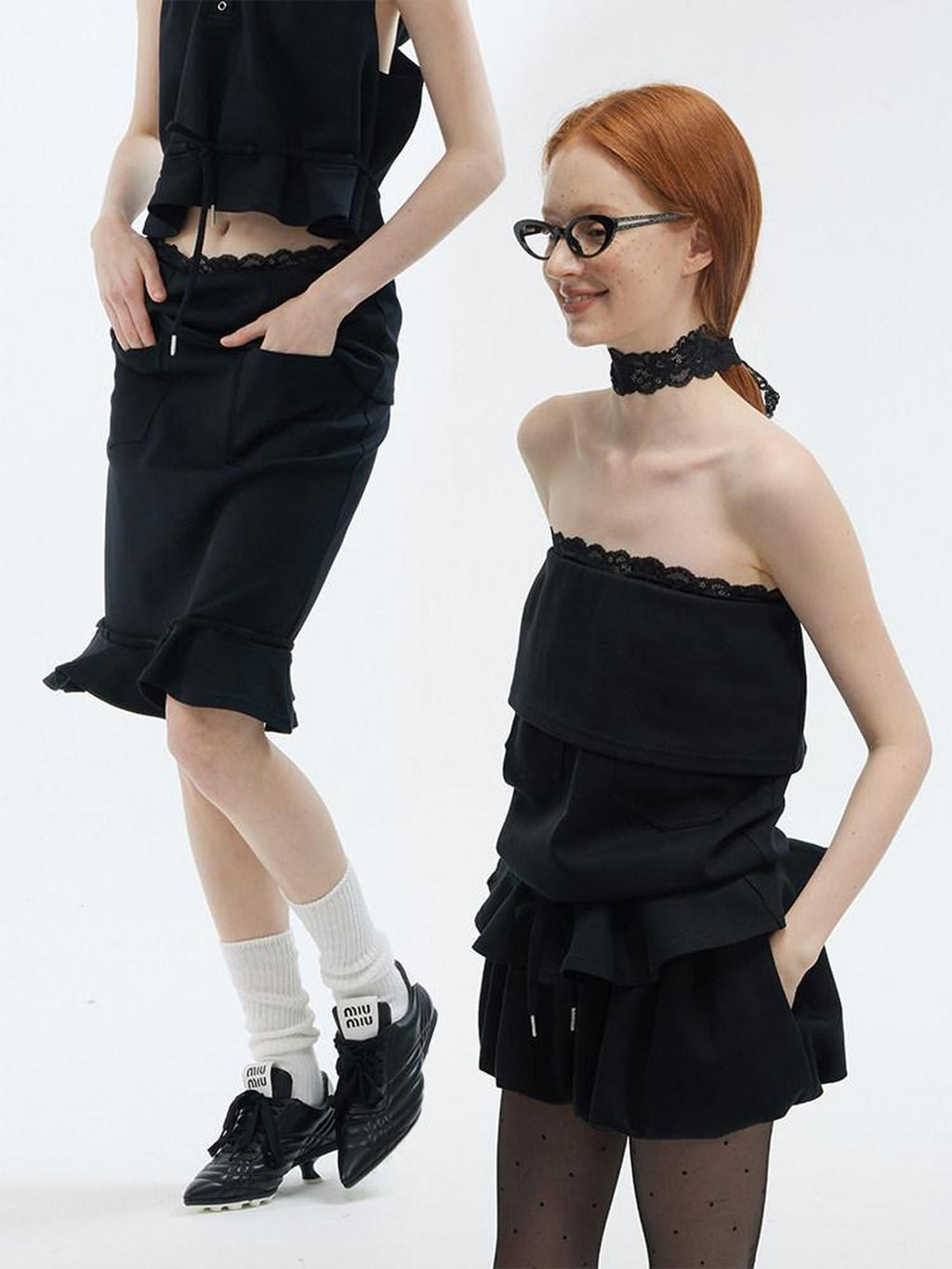 ALINNVSTUDIO Elegant Lace Ruffle Work H Fit Mid Waist Young Women Black Gray Midi Skirts