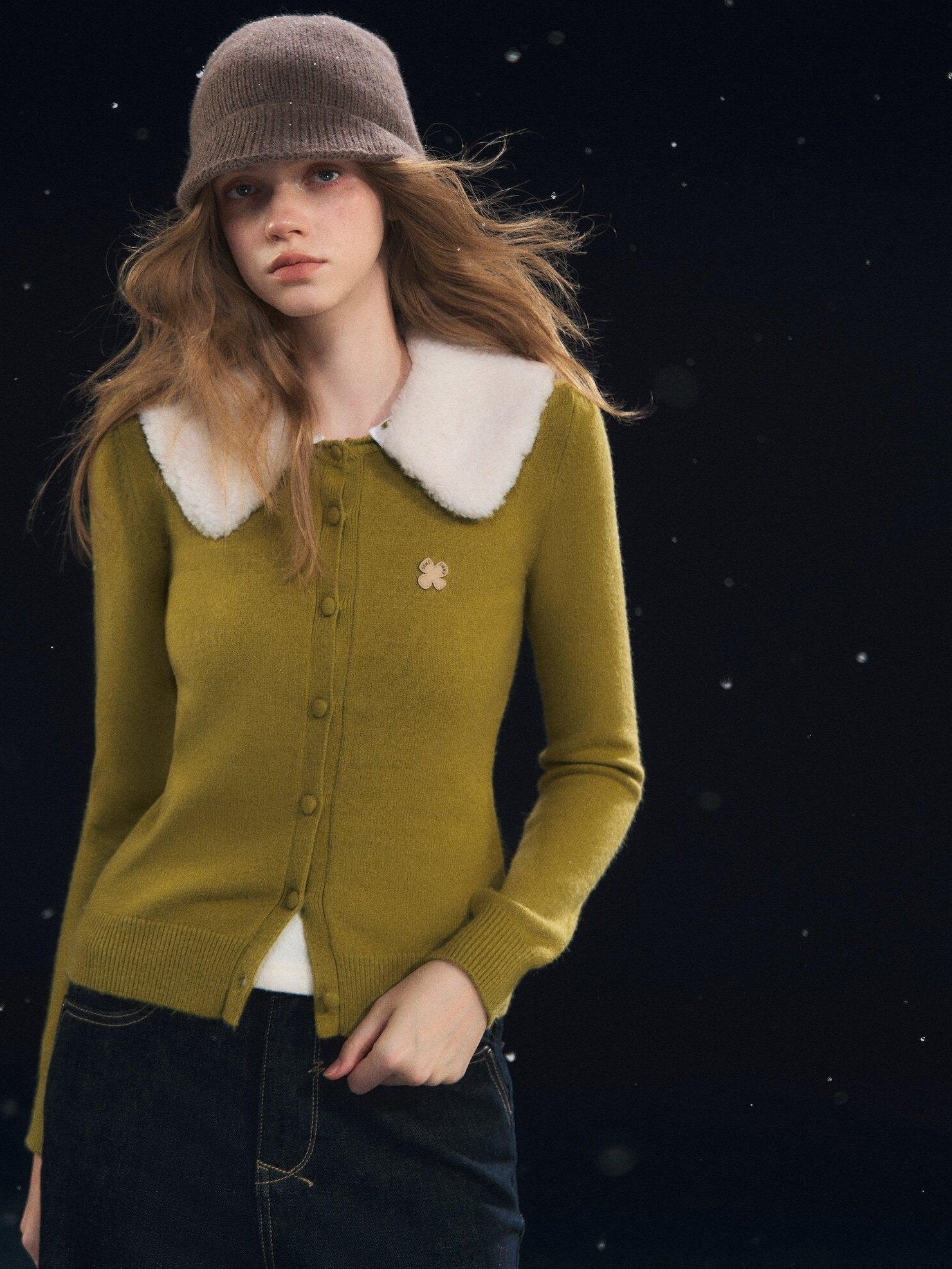 SOMESOWE Cozy Fruit Print Collared Long Sleeve Casual Women Bean Green Cardigans