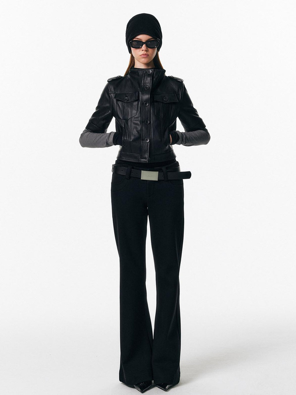ALINNVSTUDIO Sleek Pu Slim Fit Cropped Short Sleeve Stand Collar Women Leather Jackets
