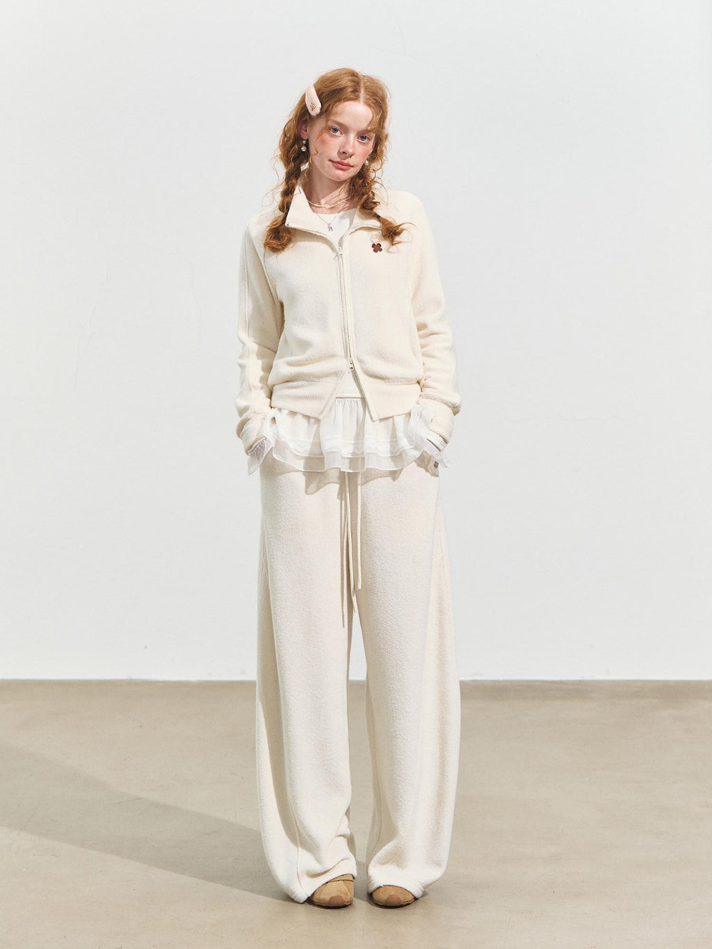 SOMESOWE Cropped Stand Collar Sweatshirt Loose Sexy Women Cream Pants Top & Pants Sets