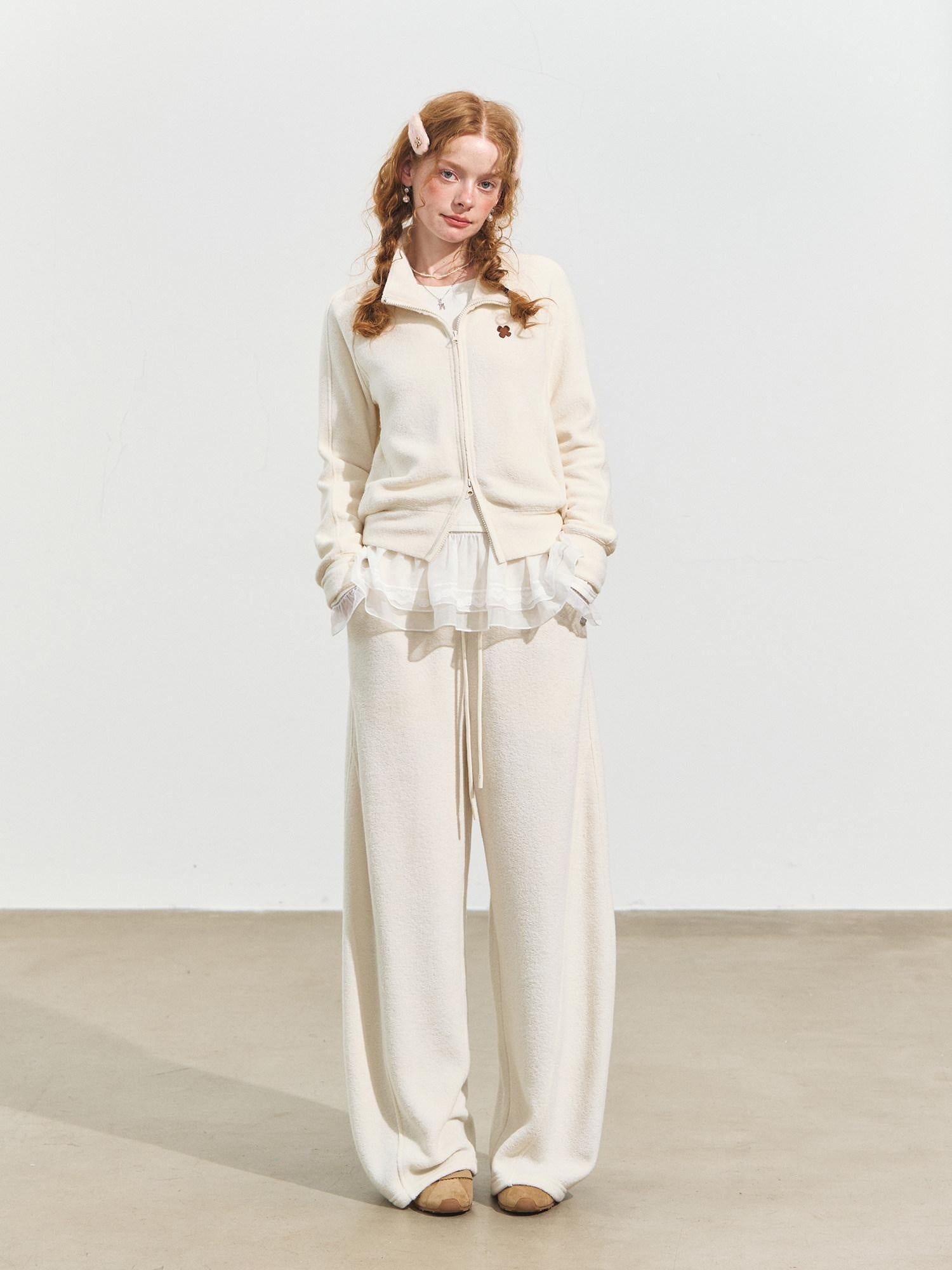 SOMESOWE Cropped Stand Collar Sweatshirt Loose Sexy Women Cream Pants Top & Pants Sets
