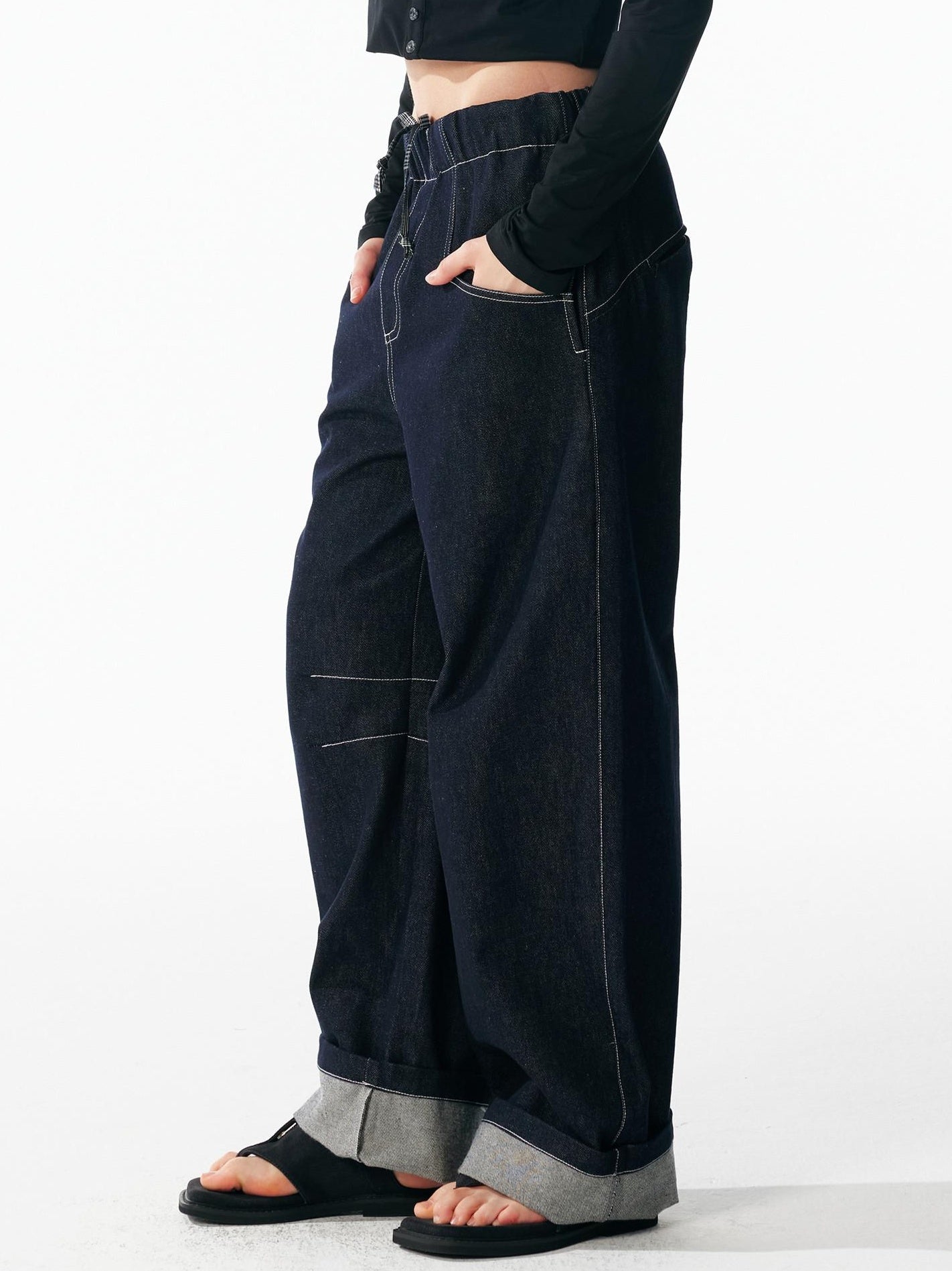 ALINNVSTUDIO Relaxed Fit Cotton Natural Waist Topstitch Deep Indigo Women Wide Leg Jeans