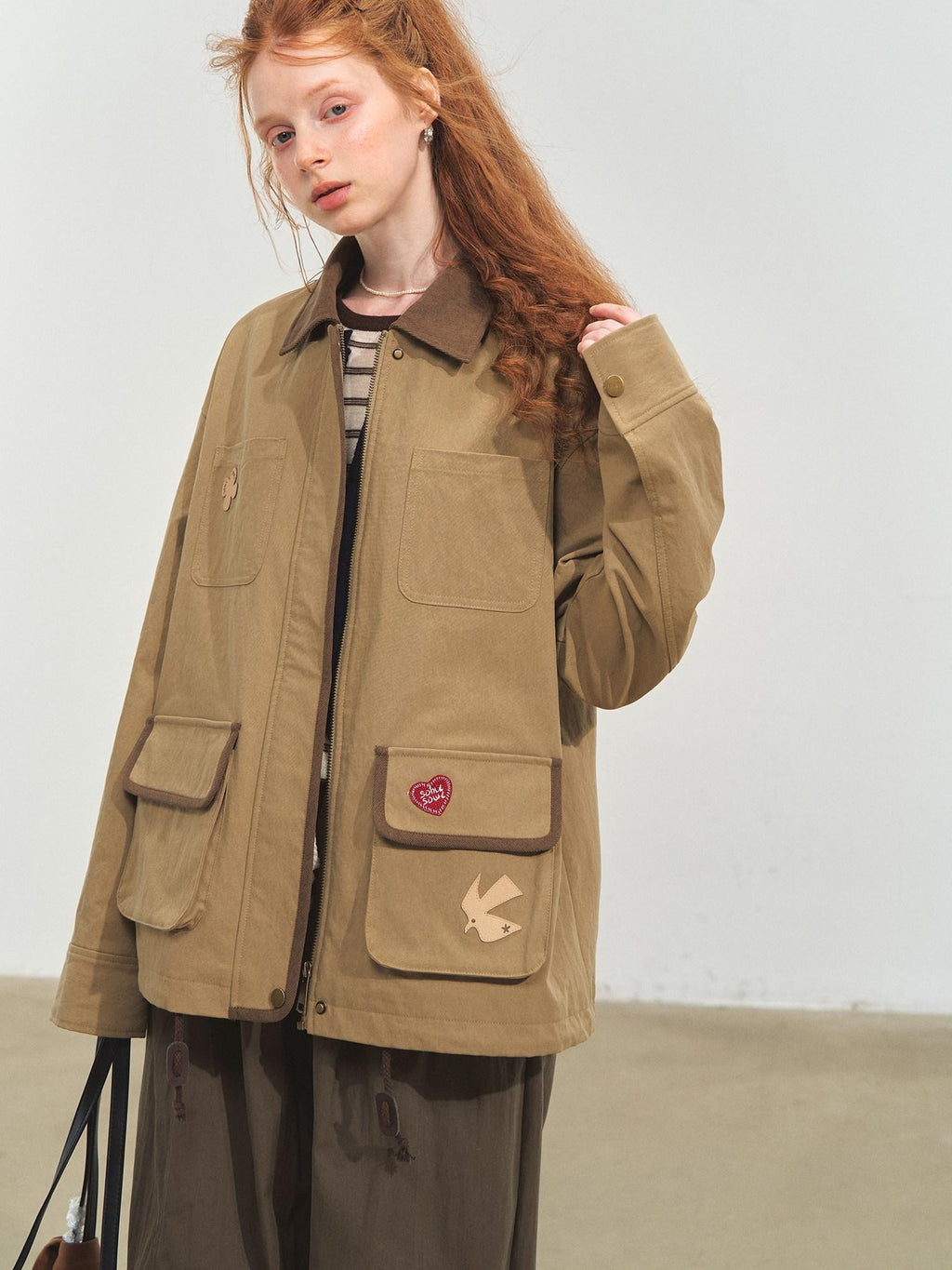 SOMESOWE Everyday Casual Loose Fit Flap Pocket Zip Front Women Khaki Navy Bomber Jackets
