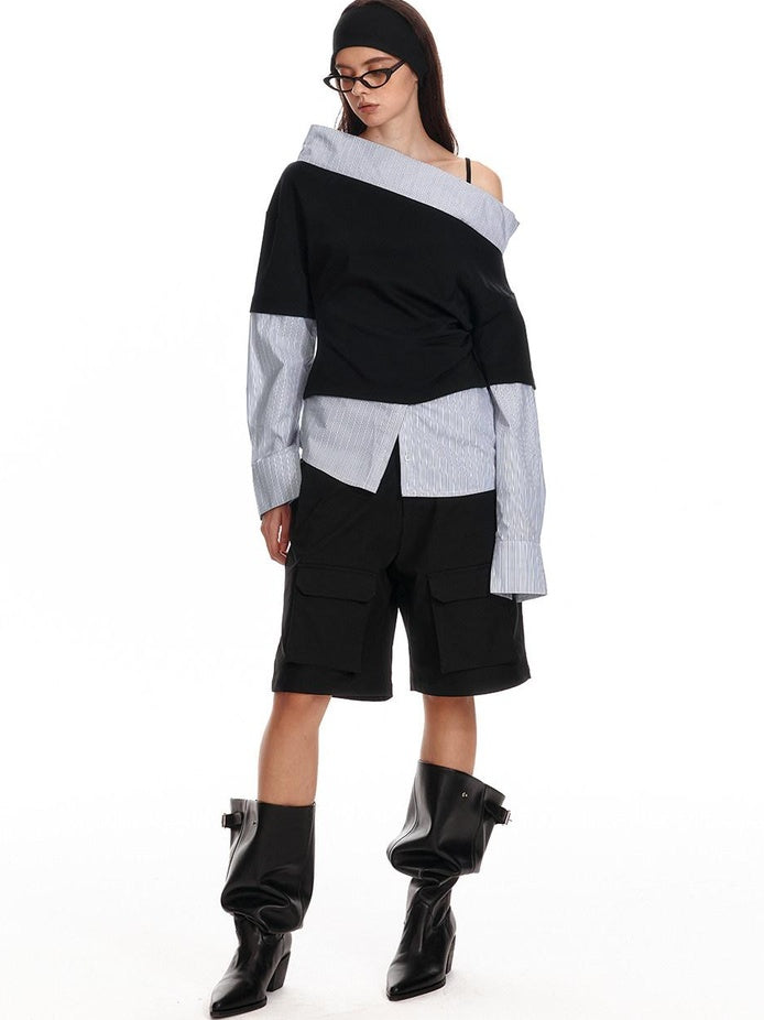 ALINNVSTUDIO Original Loose Slant Collar Cotton Stretch Pullover Women Long Sleeve T-Shirts