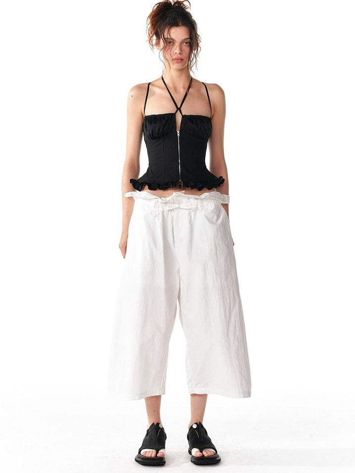 ALINNVSTUDIO Front Zipper Original Slim Fit Crop Strap Top Black Acetate Camisoles