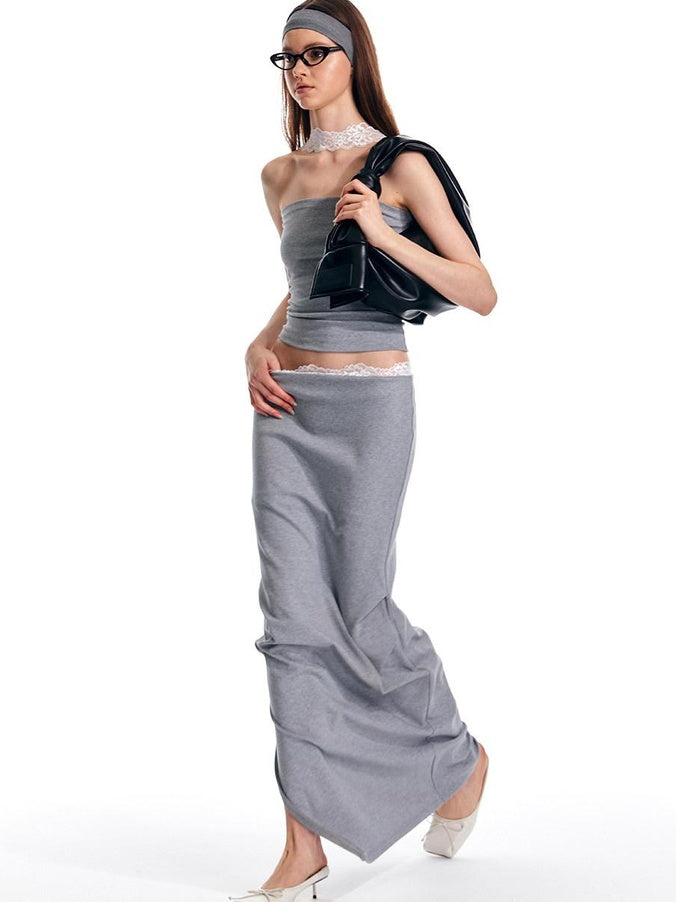 ALINNVSTUDIO Lace Knit Mid Waist Bodycon Slim Fit Youthful Black Grey Maxi Skirts