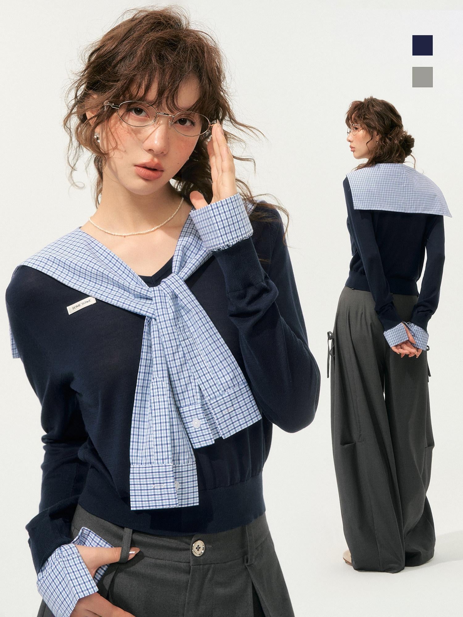 SOMESOWE Lyocell V-neck Colorblock Patchwork Loose Casual Women Long Sleeve T-Shirts