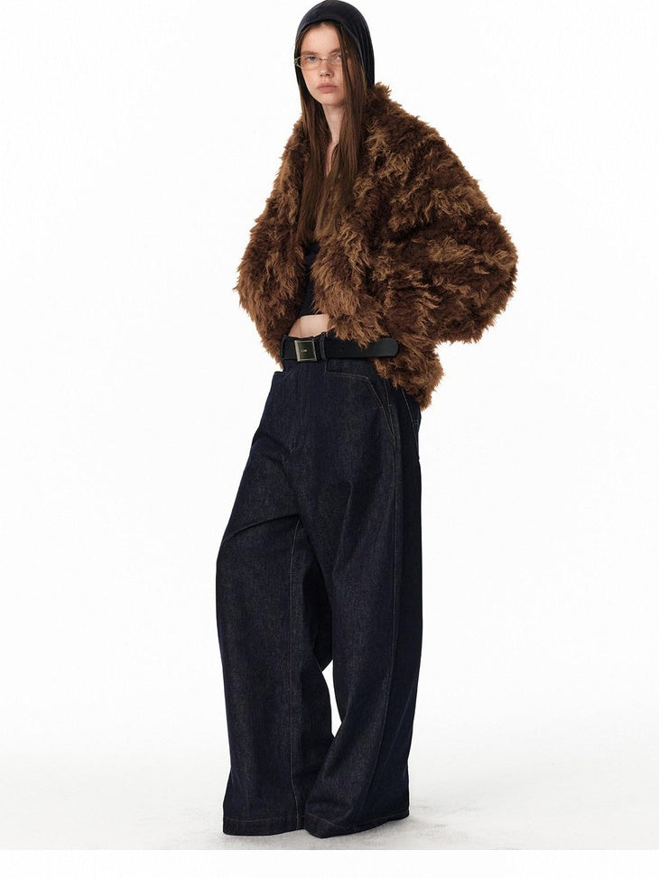 ALINNVSTUDIO Faux Fur Cropped Oversized Workwear Women Floral Pattern Leather Jackets