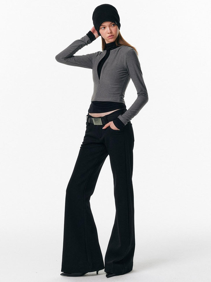 ALINNVSTUDIO Warm Low Rise Casual Zip Fly Slight Stretch Black Women Flared Pants