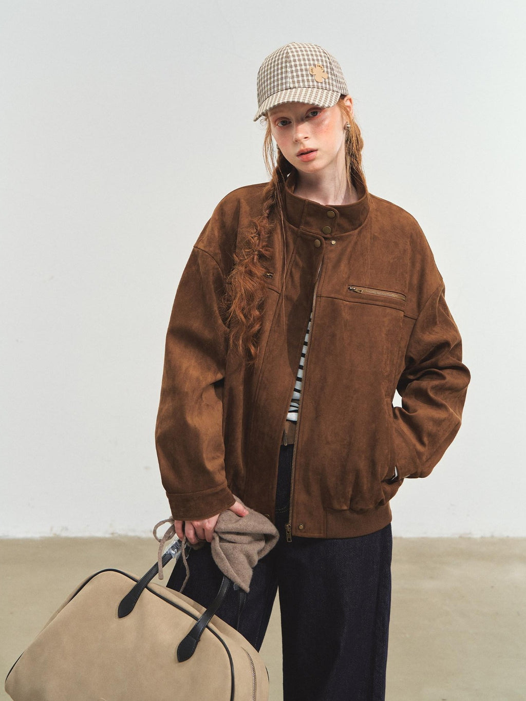 SOMESOWE Pocketed Loose Fit Streetwear Stand Collar Zipper Youth Brown Leather Jackets
