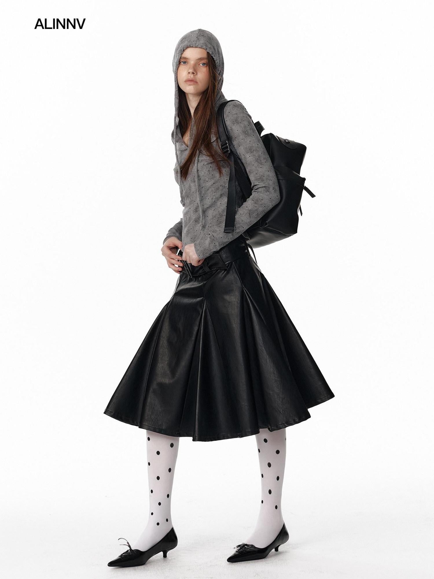 ALINNVSTUDIO Versatile Pu Belted Low Waist Flared Loose Fit Women Citywalk Black Midi Skirts