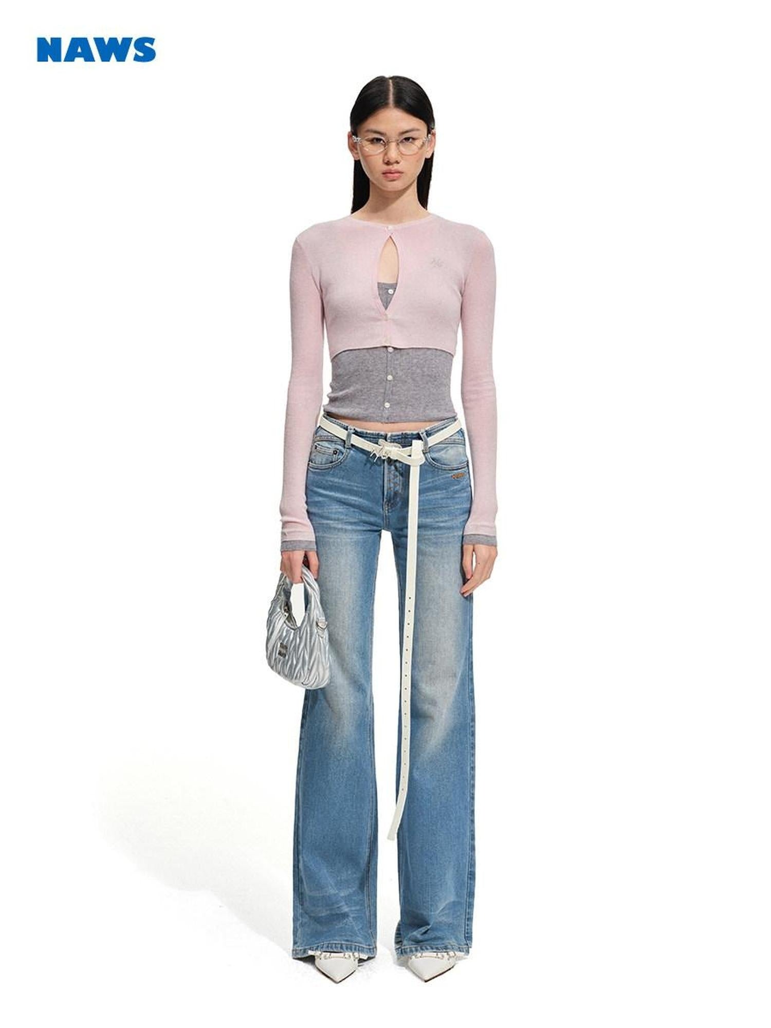 NAWSNOTAWEAR Soft Wool Blend Slim Fit Colorblock Faux Two Piece Pullover Women Sweaters