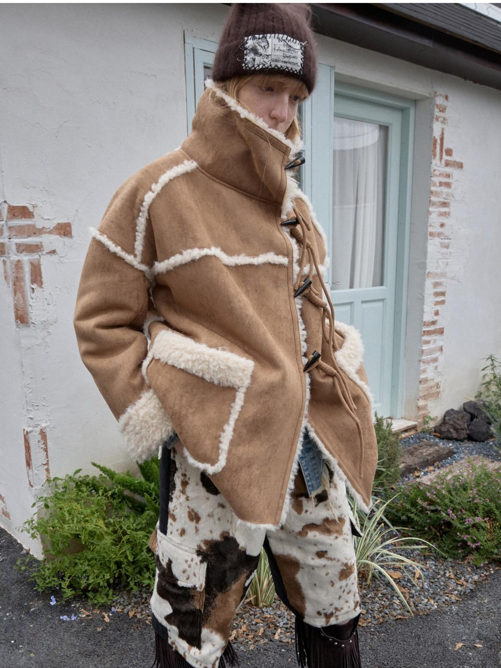 1JINN STUDIO Reversible Vintage Stand Collar Short Button Womens Chic Faux Fur Coats
