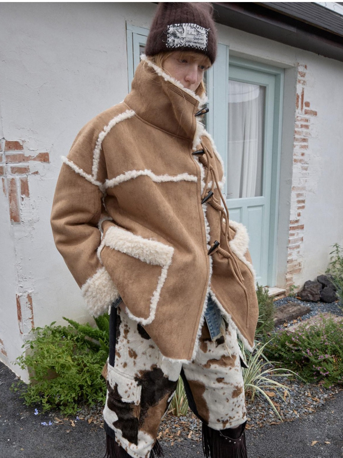 1JINN STUDIO Reversible Vintage Stand Collar Short Button Womens Chic Faux Fur Coats