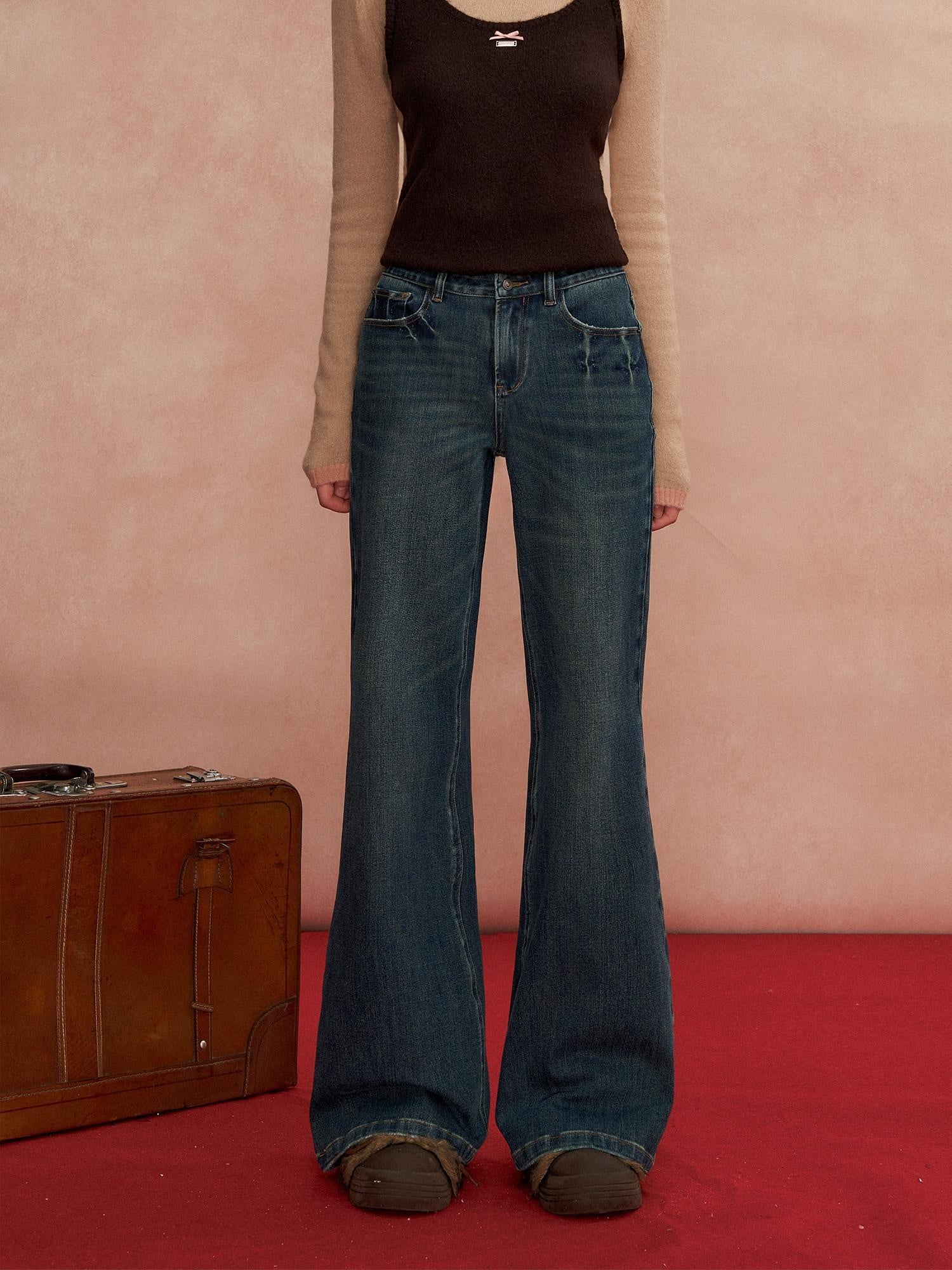 SOMESOWE Pleated High Waist Casual Pockets Slight Flare Stretch Blue Wide Leg Jeans