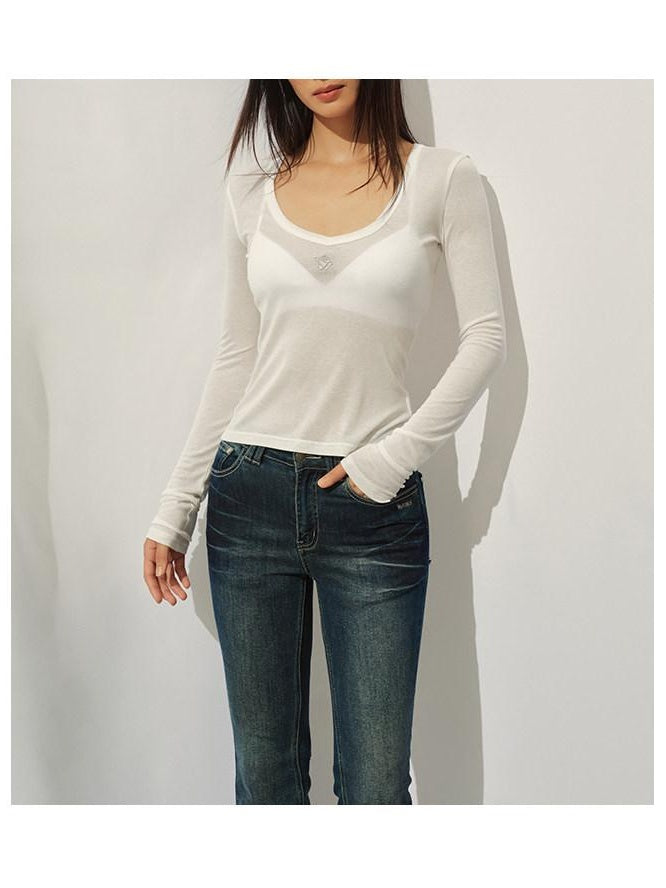 NAWSNOTAWEAR Light Lyocell Wool Blend Slim Cropped Crewneck Women Long Sleeve T-Shirts