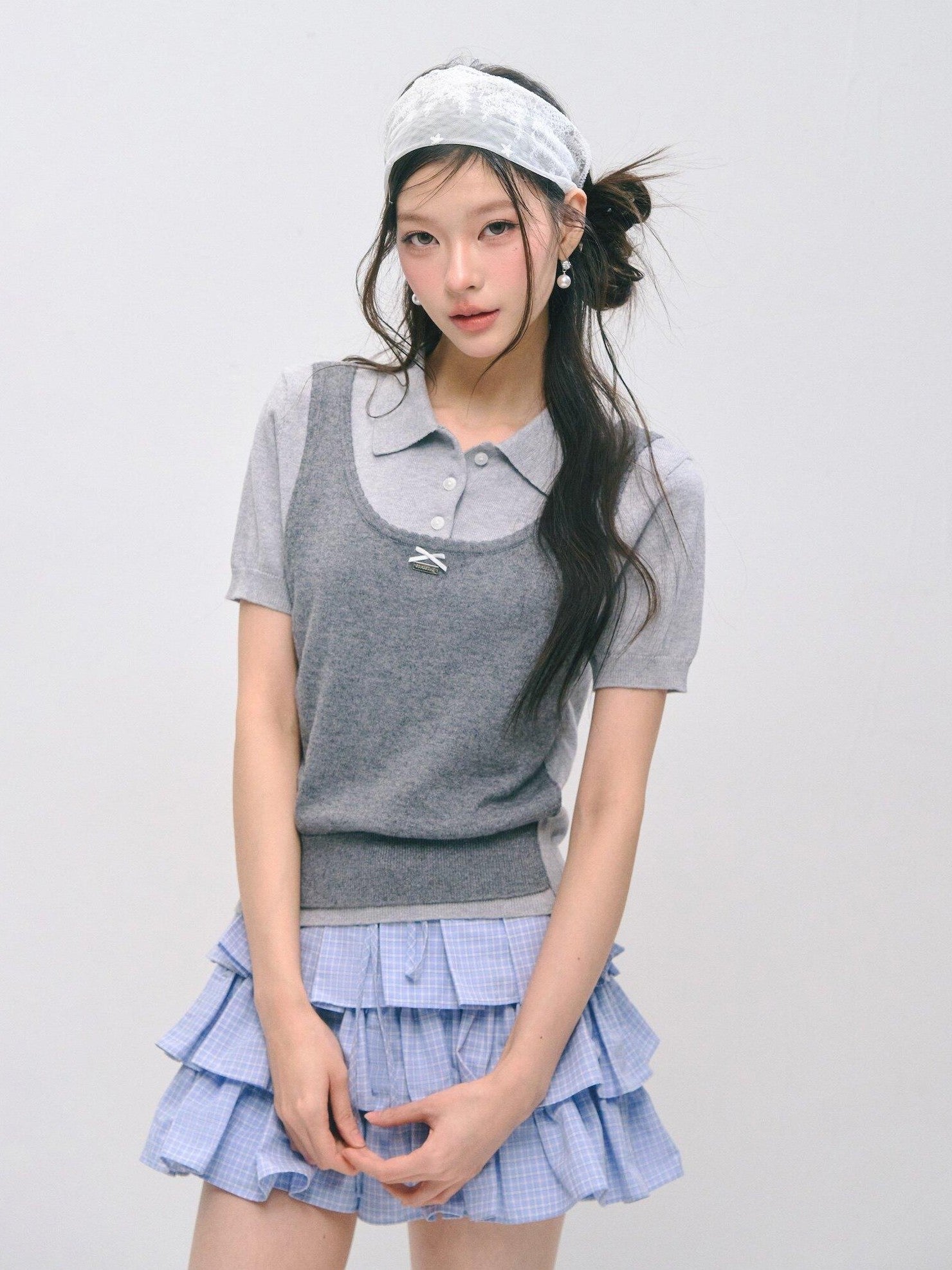 SOMESOWE Polka Dot Two Piece Casual Knit Short Sleeve Pullover Crew Neck Women Sweaters