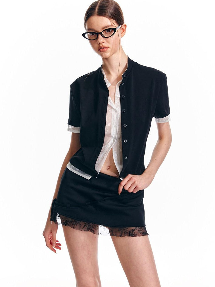 ALINNVSTUDIO Cropped Slim Fit Black White Contrast Patchwork Edgy Women Short Sleeve T-Shirts