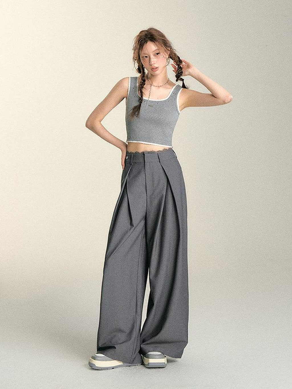 SOMESOWE Casual Lace Trim Patchwork Pocket Relaxed Natural Waist Women Wide Leg Pants