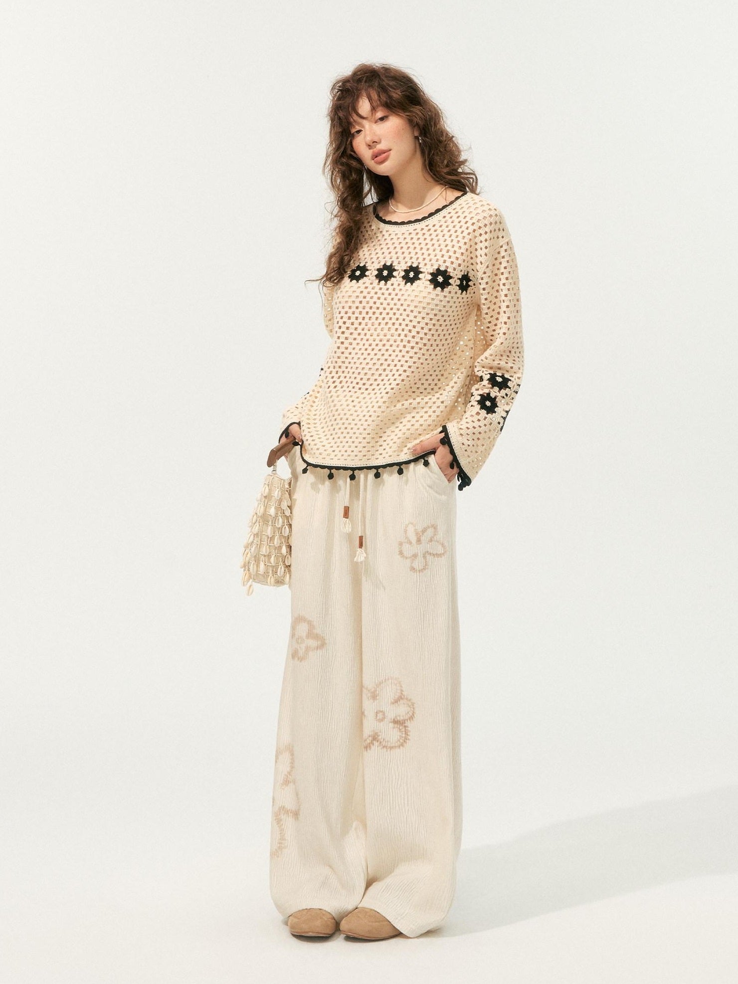 SOMESOWE Soft Acrylic Loose Openwork Knit Pullover Women Casual Round Neck Beige Sweaters