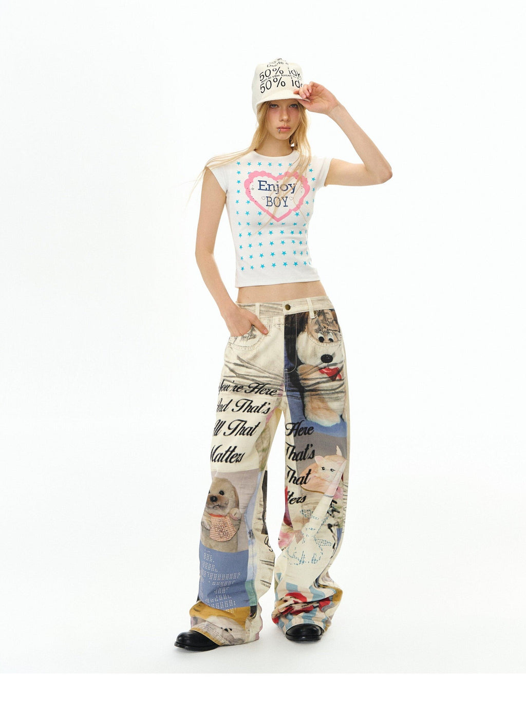 DeleteEx Cute Printed Slim Fit Round Neck Flutter Sleeve Cropped Ivory Basic Crop Tops