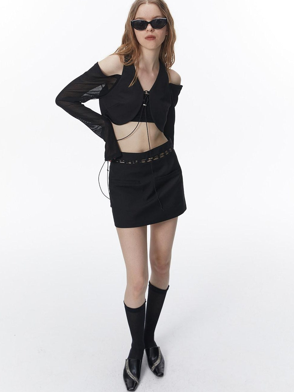ALINNVSTUDIO Tie Front Long Sleeve Straight Fit Original Design Black Off Shoulder Crop Tops