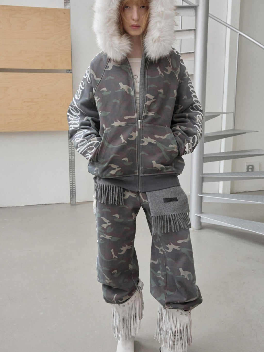 1JINN STUDIO Camouflage Embroidered Cotton Casual Long Sleeve Long Pants Top & Pants Sets