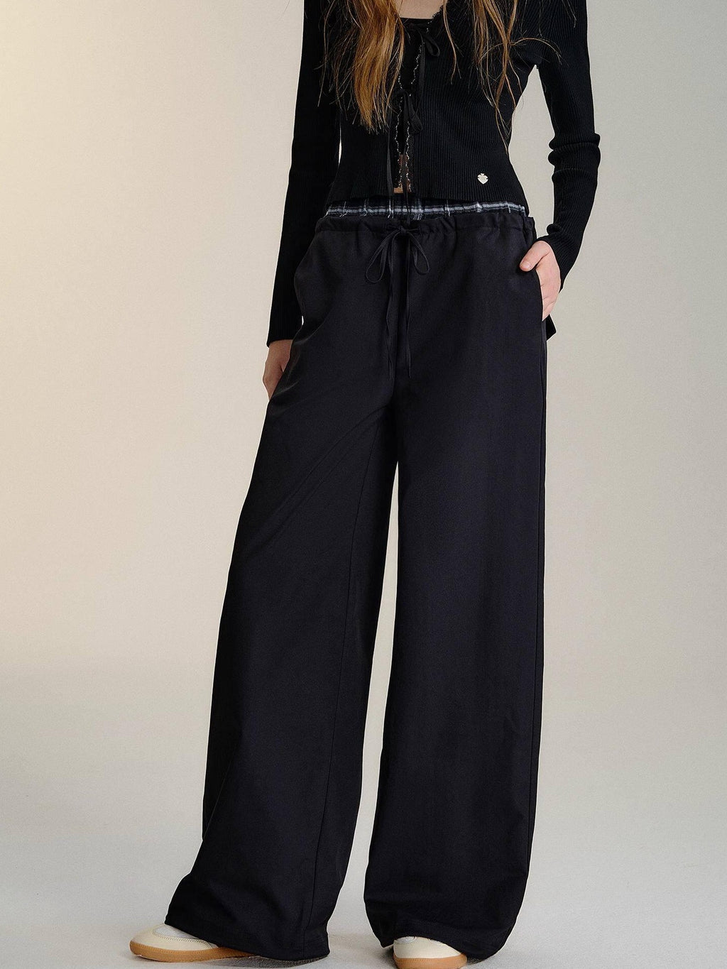 SOMESOWE Minimalist Double Waist Drawstring Natural Waist Office Women Wide Leg Pants