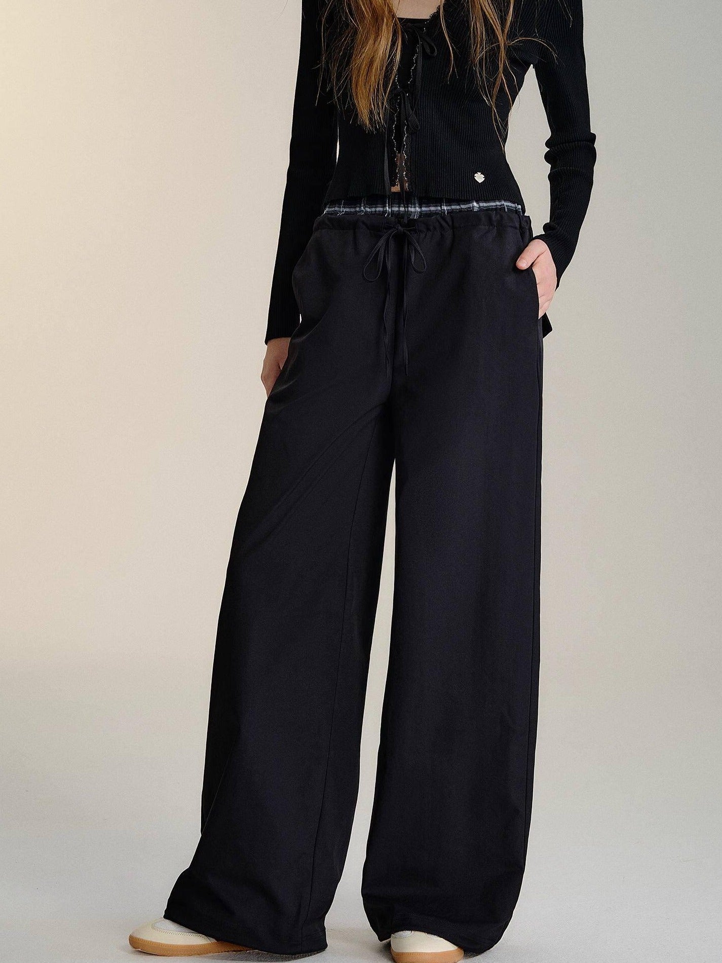 SOMESOWE Minimalist Double Waist Drawstring Natural Waist Office Women Wide Leg Pants