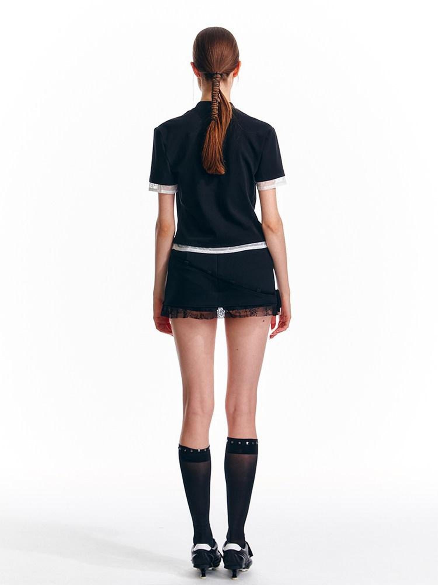 ALINNVSTUDIO Cropped Slim Fit Black White Contrast Patchwork Edgy Women Short Sleeve T-Shirts