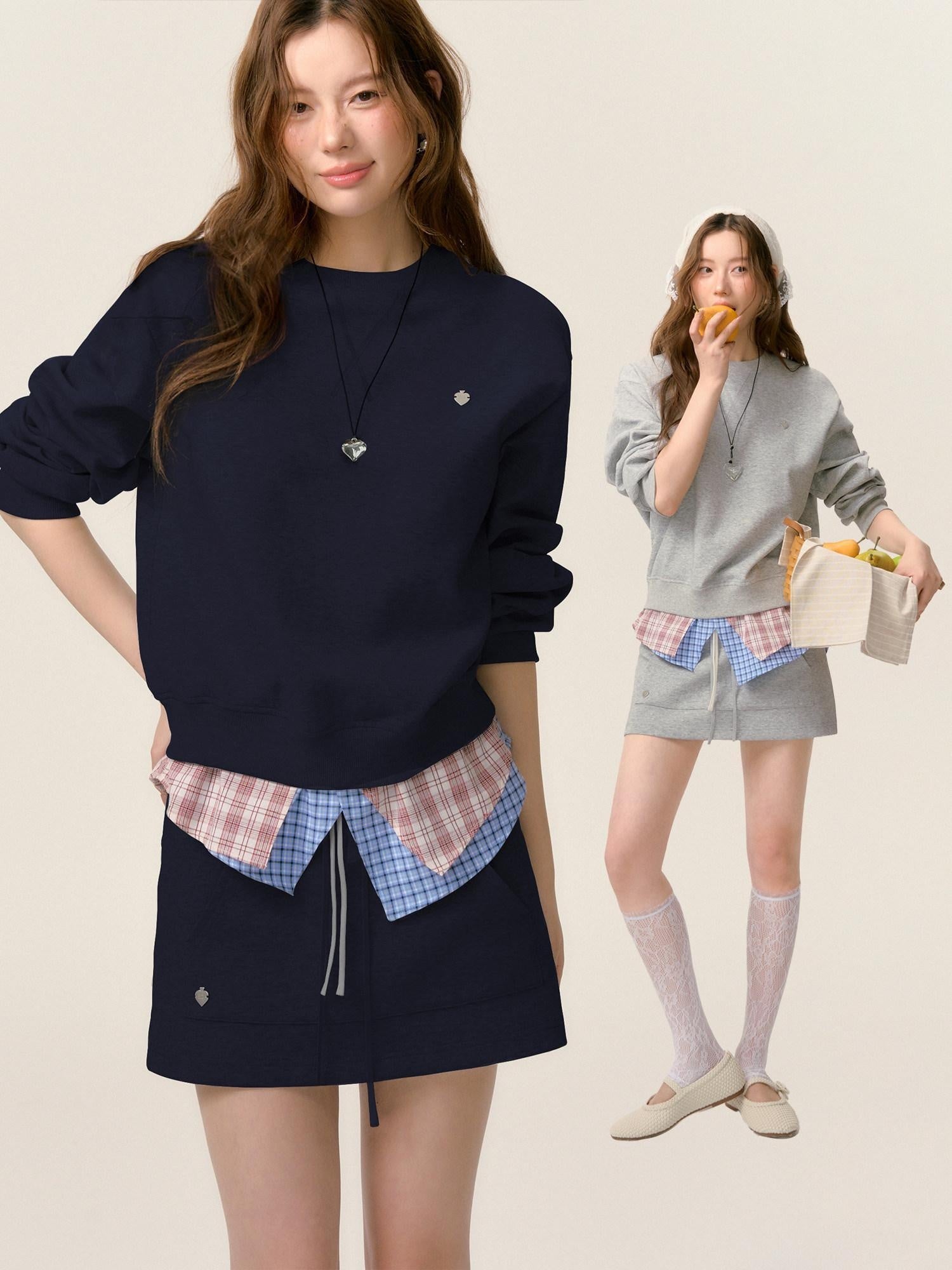 SOMESOWE Cotton Crew Long Sleeve Casual Mini Skirt Women Gray Navy Top & Skirt Sets