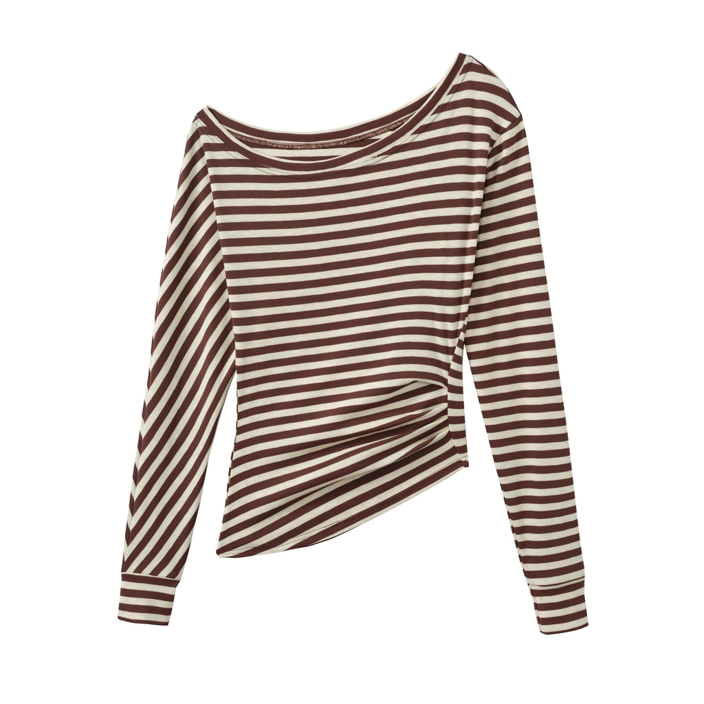 DeleteEx_Ruched_Asymmetric_Off_Shoulder_Loose_Casual_Striped_Womens_Long_Sleeve_Crop_Tops_MISSTT