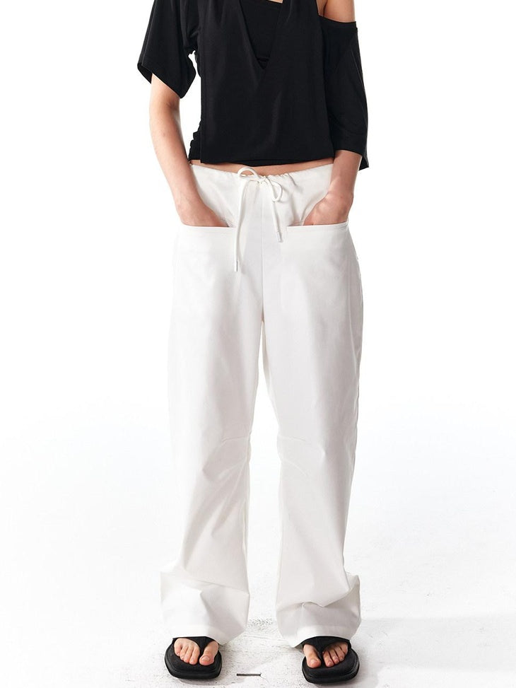 ALINNVSTUDIO Minimalist 100 Percent Polyester Low Waist Zip Fly Loose Wide Leg Pants
