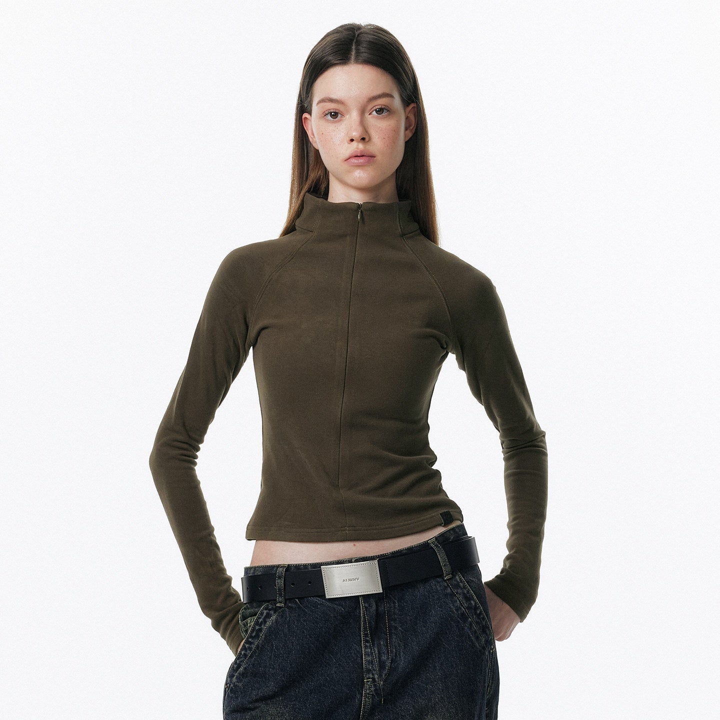 ALINNVSTUDIO_Zip_Half_Collar_Slim_Commuter_Ladies_Black_Olive_Long_Sleeve_T-Shirts_MISSTT