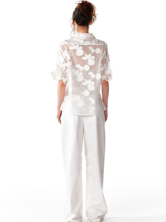 ALINNVSTUDIO Original Design Loose V-neck Short Sleeve Button Front Women Solid White Blouses