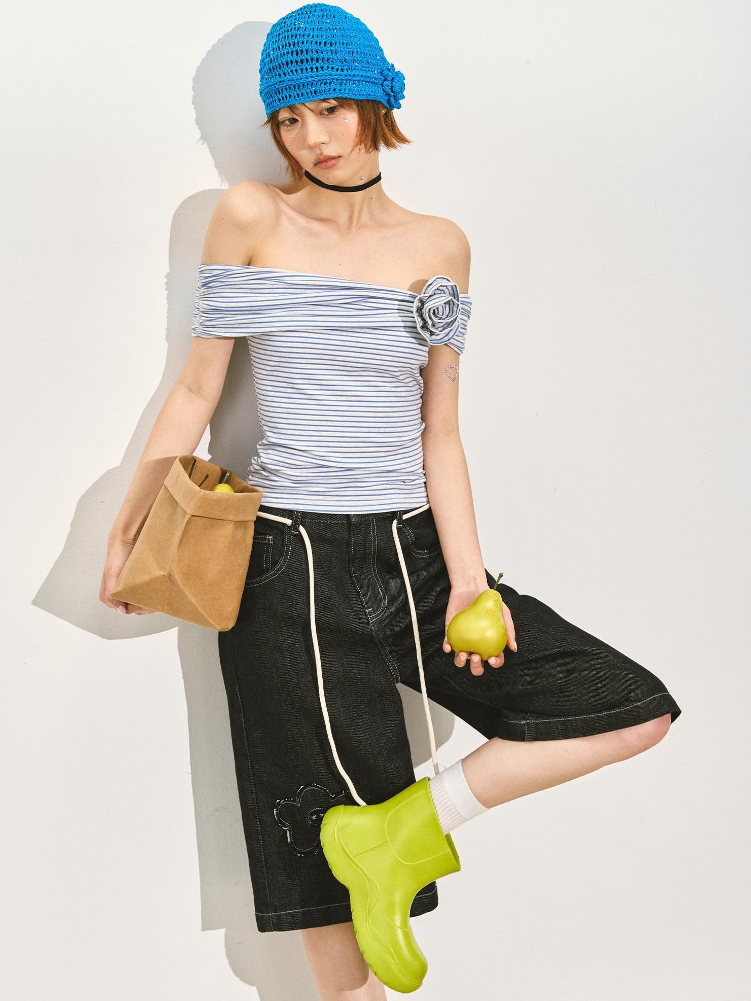 SOMESOWE Stretch Cotton Slim Cropped Bardot Blue White Striped Short Sleeve T-Shirts
