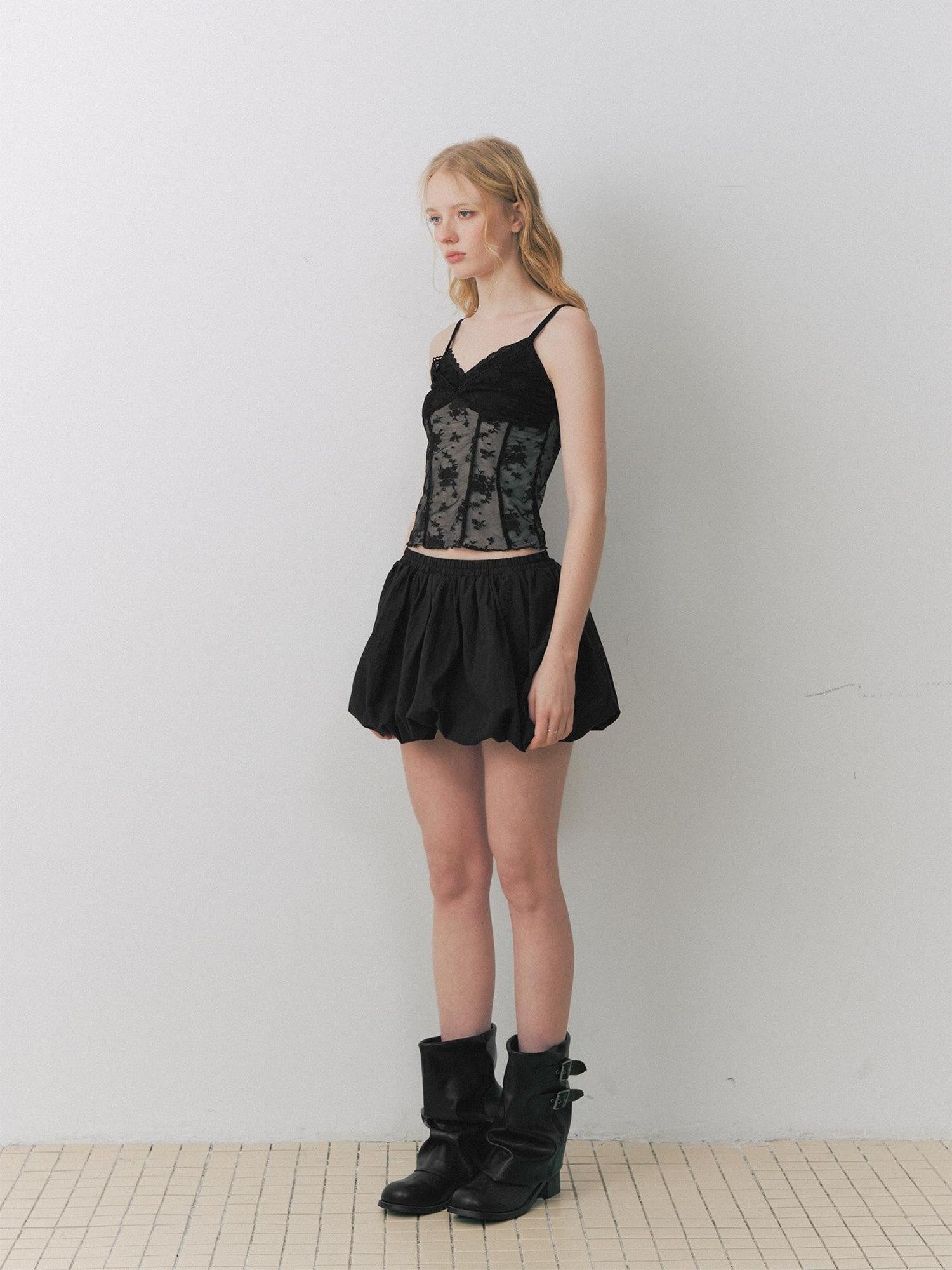 DeleteEx Lace Slim Fit Floral Crop Strappy Women Black Long Sleeve T-Shirts
