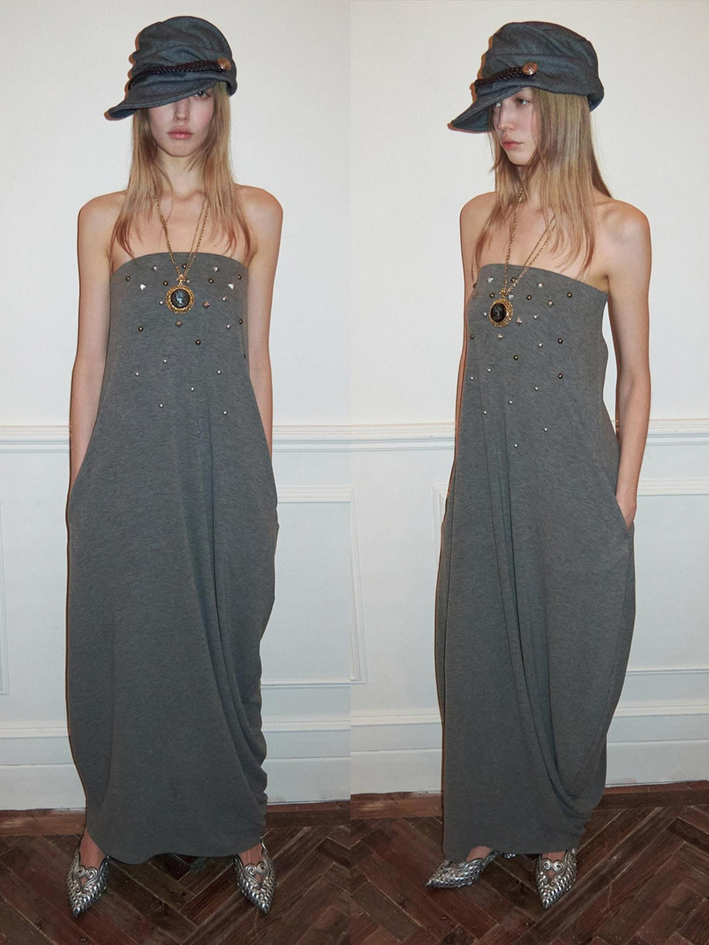1JINN STUDIO Viscose Blend Vintage Sleeveless Loose Bubble Skirt Casual Maxi Dresses