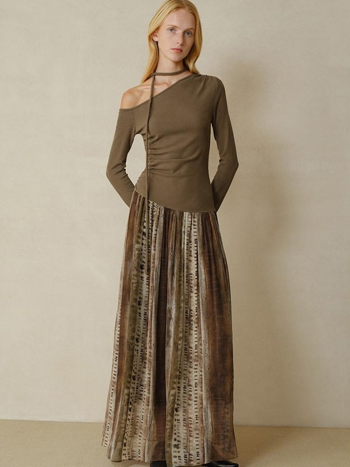 someonesometimes Chiffon Ruched Oil Painting Ombre One Shoulder V-neck A Line Girls Maxi Dresses