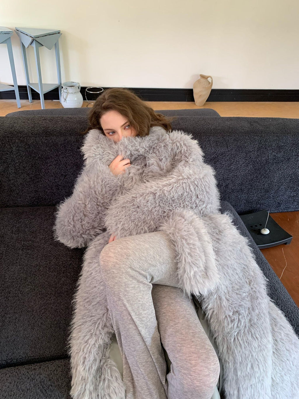 BUZHOU Luxurious Plush Fox Inspired Round Neck Longline Gray S M L Faux Fur Coats