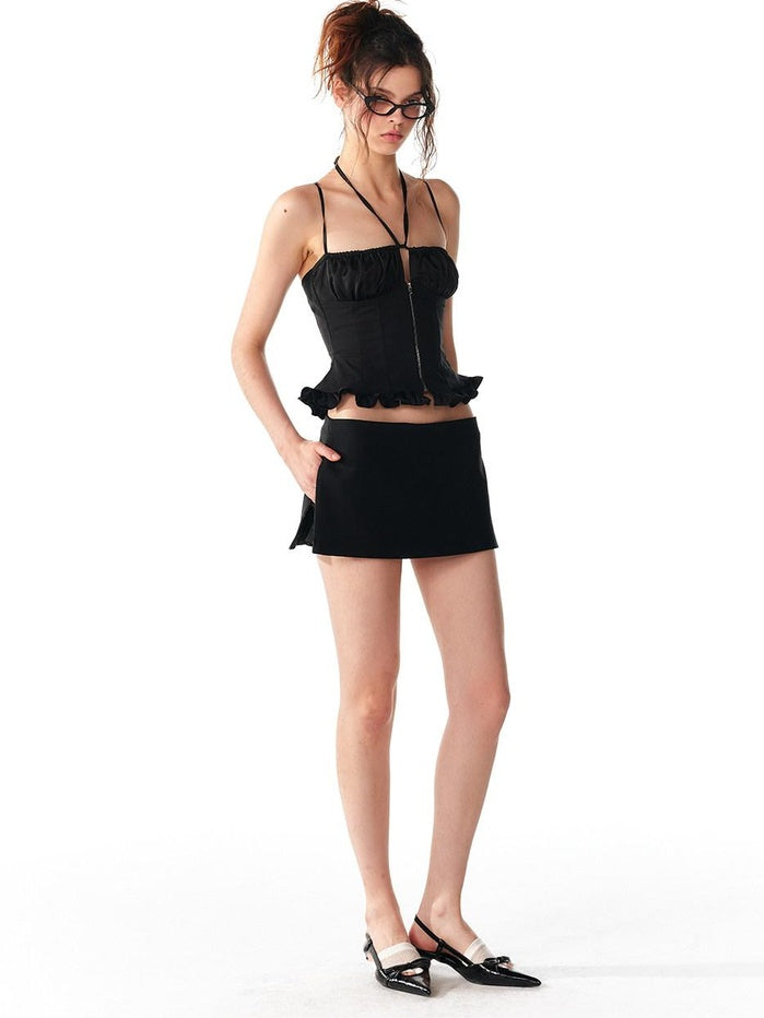 ALINNVSTUDIO Front Zipper Original Slim Fit Crop Strap Top Black Acetate Camisoles
